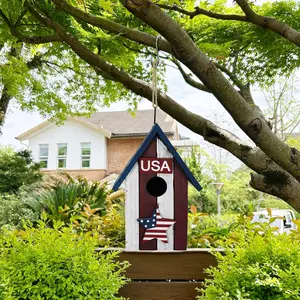 Patriotic Bird Houses for Outside Wooden Hanging Nest Box Birdhouse Decorative American Spring for July 4th Memorial Day Yard Garden Outdoor Small Birds Bluebird Finch Cardinals Wren 9.5"