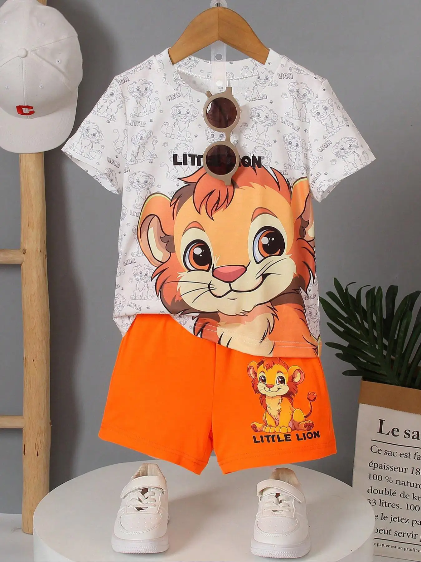 Toddler Boy's Cartoon Lion Print Short Sleeve Tee & Elastic Waist Shorts Two-piece Set, Cute Round Neck T-shirt & Shorts for Daily Wear, Kids Clothing