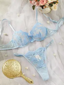 Women's Embroidered Sheer Sexy Mesh Underwear Lingerie Set, Elegant Fitted Push Up Bra & Thong Set, Fashion Comfy Lingerie Set for All Seasons