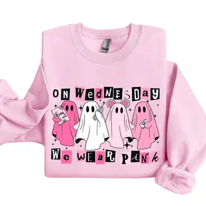 Funny Ghost Halloween Sweatshirt – “On Wednesdays We Wear Pink” – Cute Pink Spooky Season Pullover