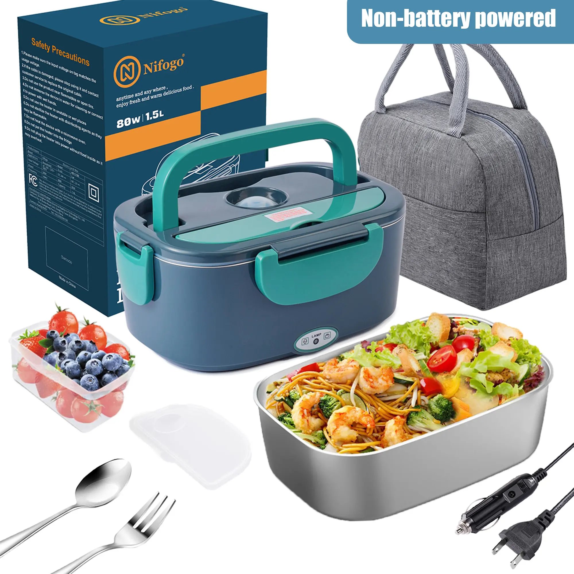 Nifogo Adults' Self Heating Insulated Lunch Box - 80W Fast Heating, 1000-2000ml Square Shape, 1.8L Food-Grade Stainless Steel, Automatic Thermal Box, Display Screen, Multi-Voltage 12V/24V/110V, Leakproof Easy to Clean Tableware, Less Work for Office, Car