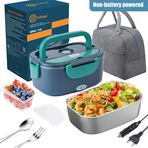 Nifogo Portable Electric Lunch Box 80W Fast Heating 1.8L Food Grade Steel Display Screen Multi Voltage 12V 24V 110V Square Black Leakproof For Travel Car Truck Office School Camping Picnic