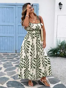 Leaf Print Cami Dress, Casual Boho Soft Bohemian Sleeveless Spaghetti Strap Maxi Dress for Beach Holiday Vacation, Casual Boho Fashion Women's Plus Clothing for Summer Off Shoulder Wardrobe Staple Knitwear Work Wear