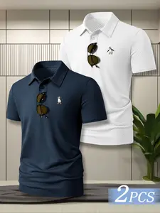 Men's Summer Large Size Polo Short Sleeve Ice Silk Top, Classic Cartoon Penguin Print, Casual Business Leisure, Quick Dry Breathable