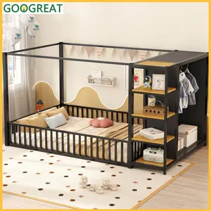 [GOOGREAT]Bed Full Size Floor Bed Frame With Wardrobe, Metal Floor Bed With Storage Shelves, Black