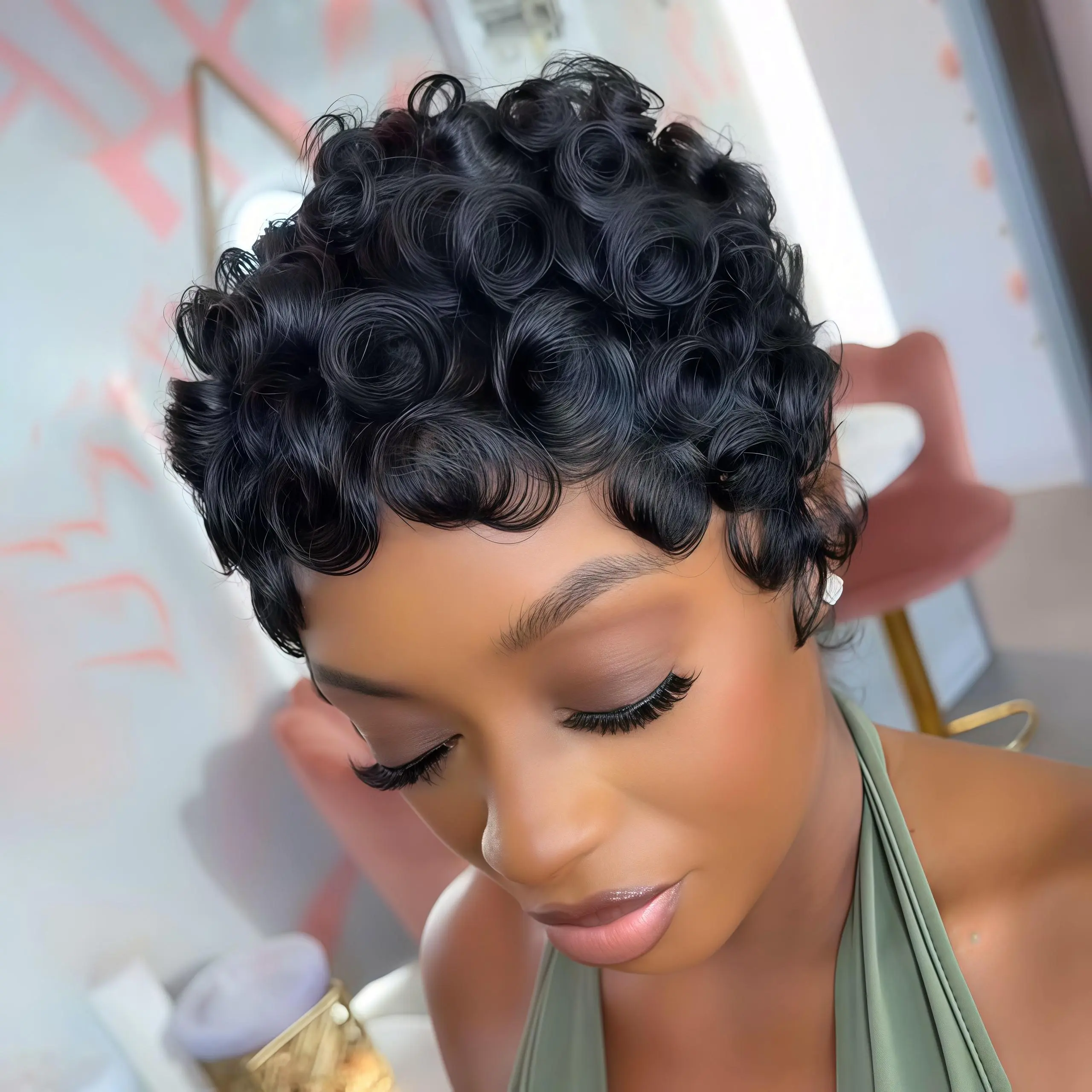 ZIHAN Glueless Pixie Cut Wig for Black Women, 12 Inch Brazilian Curly Synthetic Hair, Short Layered Style with Bangs, Natural Black, Black Woman Wigs