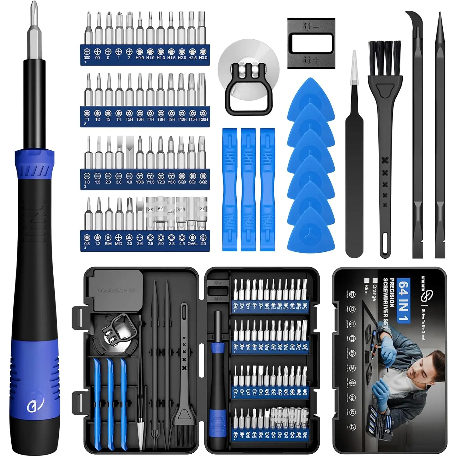 Small Precision  Set 64- with Torx, Triwing, Pentalobe, Electronics Repair Tool Kit for Computer, PC, Laptop, Macbook, Tablet, Phone, PS5, , , Glass, Ring Doorbell