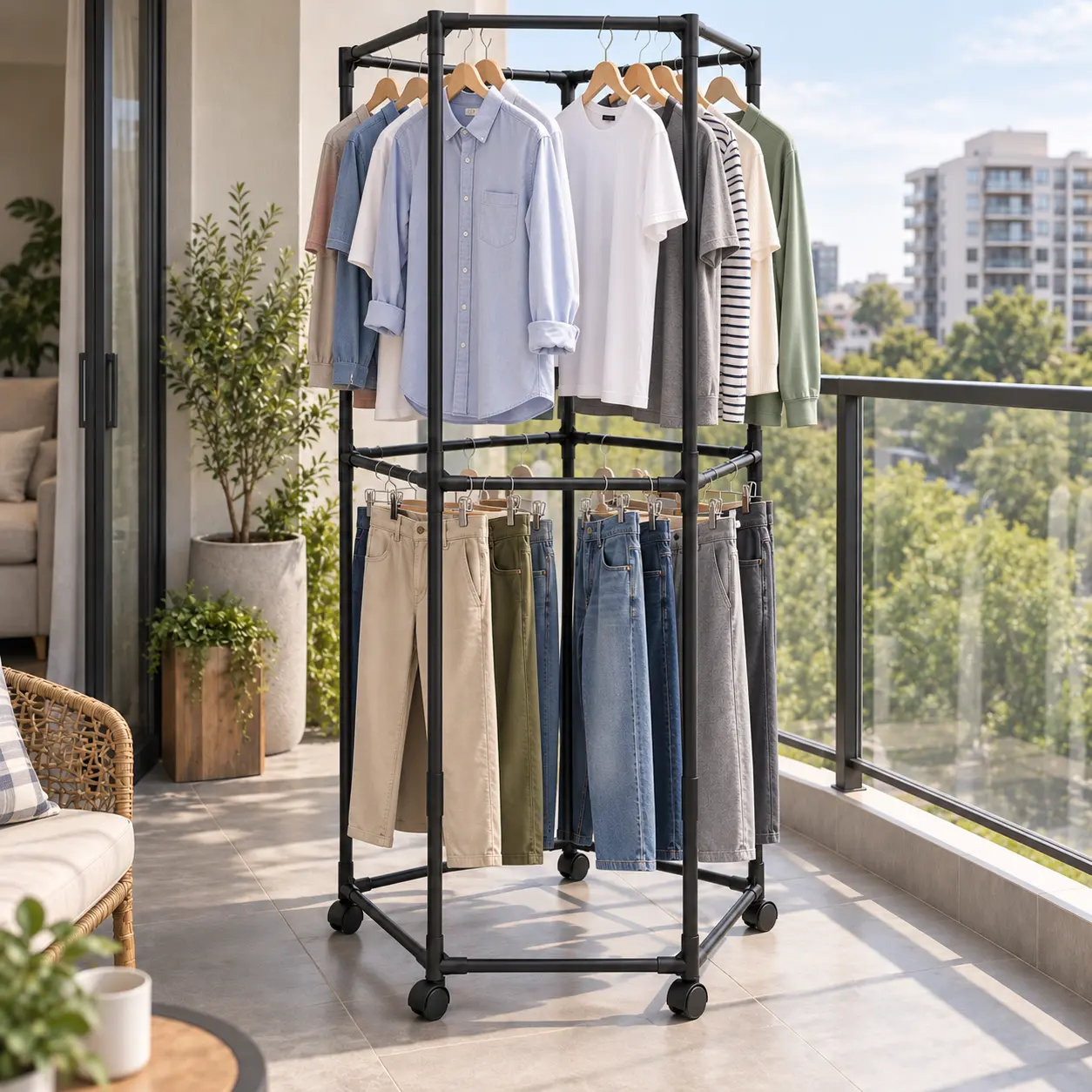 2-Tier Height Black Free-Standing Clothes Drying Rack with Wheels, Hangable Multi-Side Garment Organizer, Space-Saving Portable Laundry Tool & Accessory for Laundry Room, Bedroom, Accessories