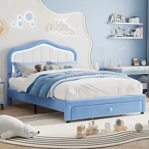 Garvee Full Size Upholstered Bed Frame with Storage Drawer and LED Headboard, Thickened Platform with Wooden Slats Support, No Box Spring Needed, Easy Assembly, Double Bed in Blue