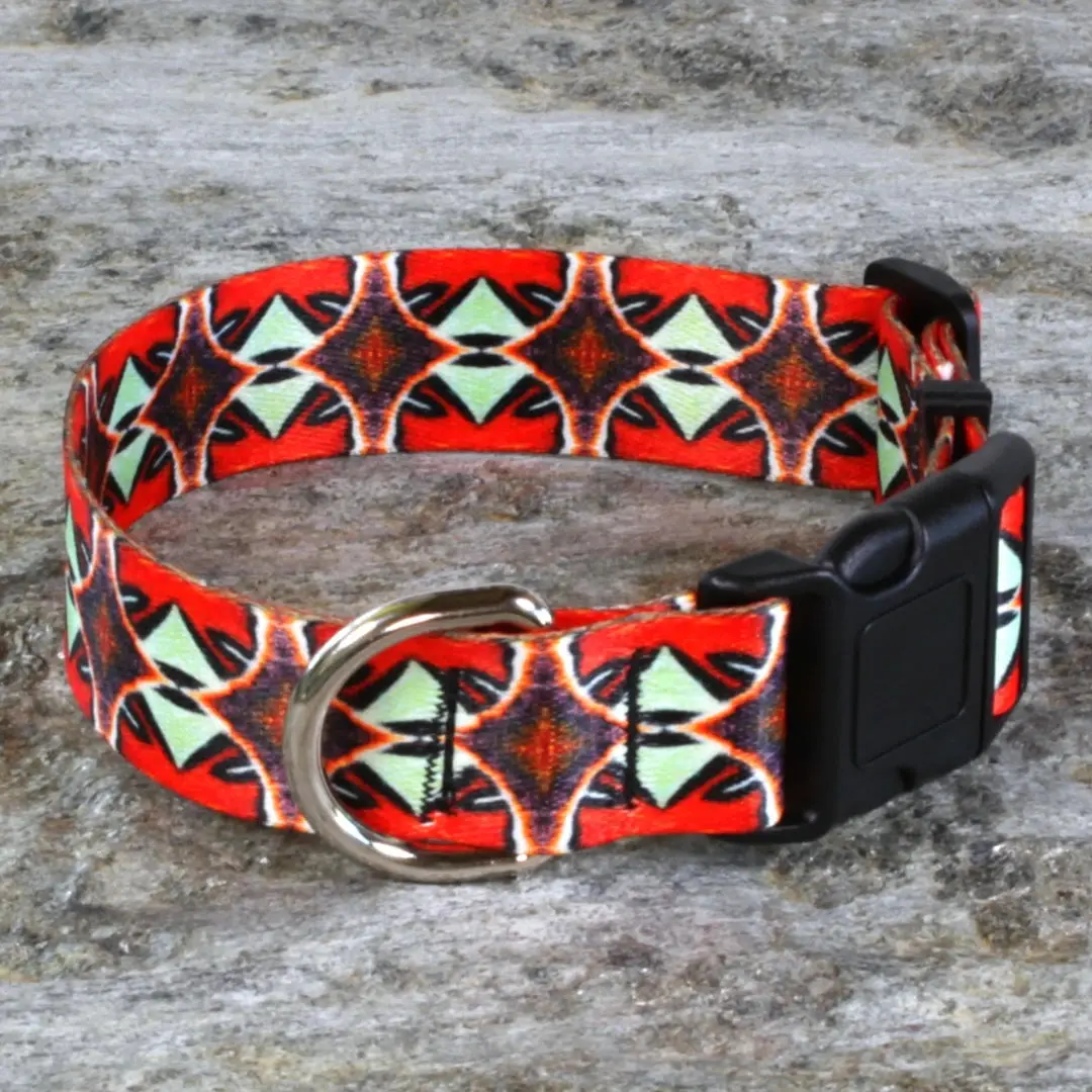 Tribal Graphic Geometric Dog Collar - Diamond Ikat Design, Polyester Webbing, Secure Hold, Strong Hardware Pet Accessory, Diamond Shapes