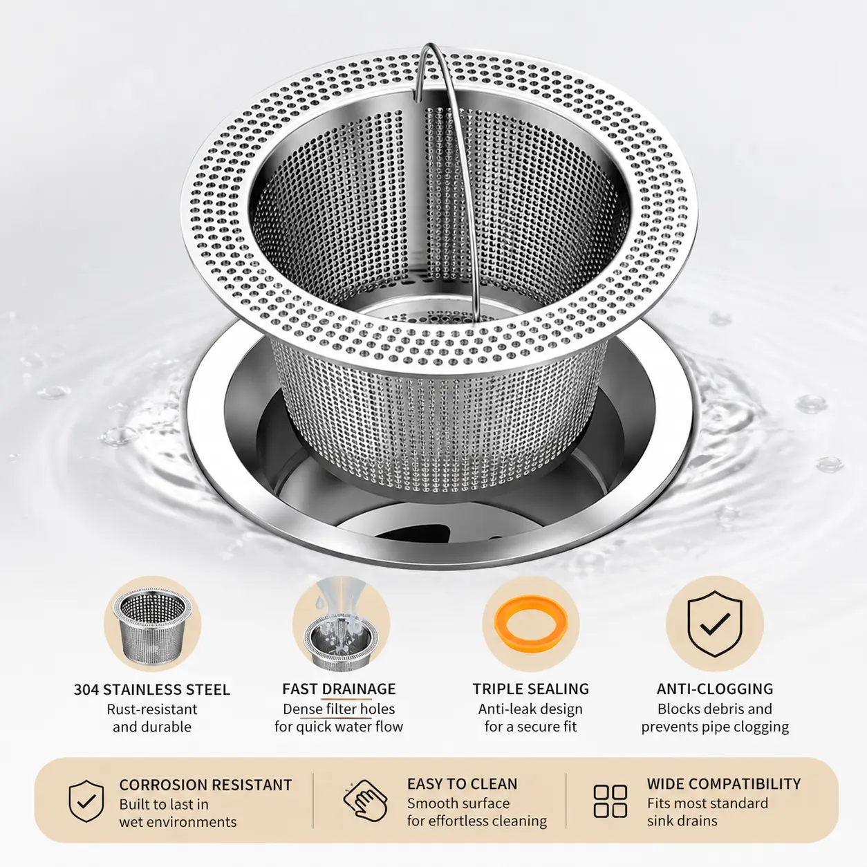 1 Count 304 Stainless Steel Kitchen Sink Strainer, dense perforated basket with handle, for filtering food residues and fast draining for home kitchen sinks