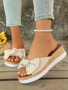 Women's Houndstooth Bowknot Wedge Sandals, Open-Toe Textile Upper, Rubber Sole, Comfortable Beach Vacation Shoes, Fashionable Sandals