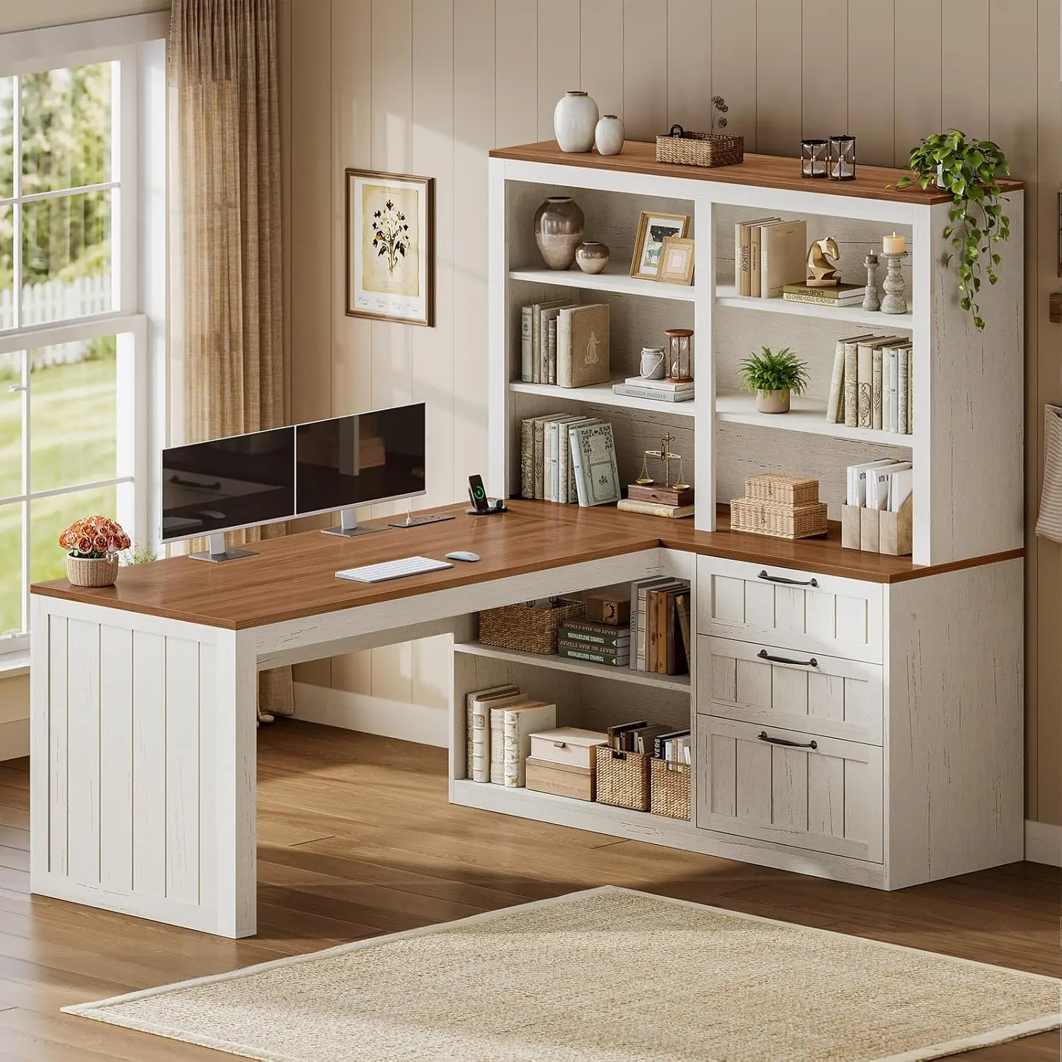 SEDETA Farmhouse L Shaped Computer Desk, 59'' Wood Office Desk with 3 Drawers and 5-Tier Bookshelf, Corner Desk with Storage Shelves and Power Outlet for Home Office Small Space, Vintage