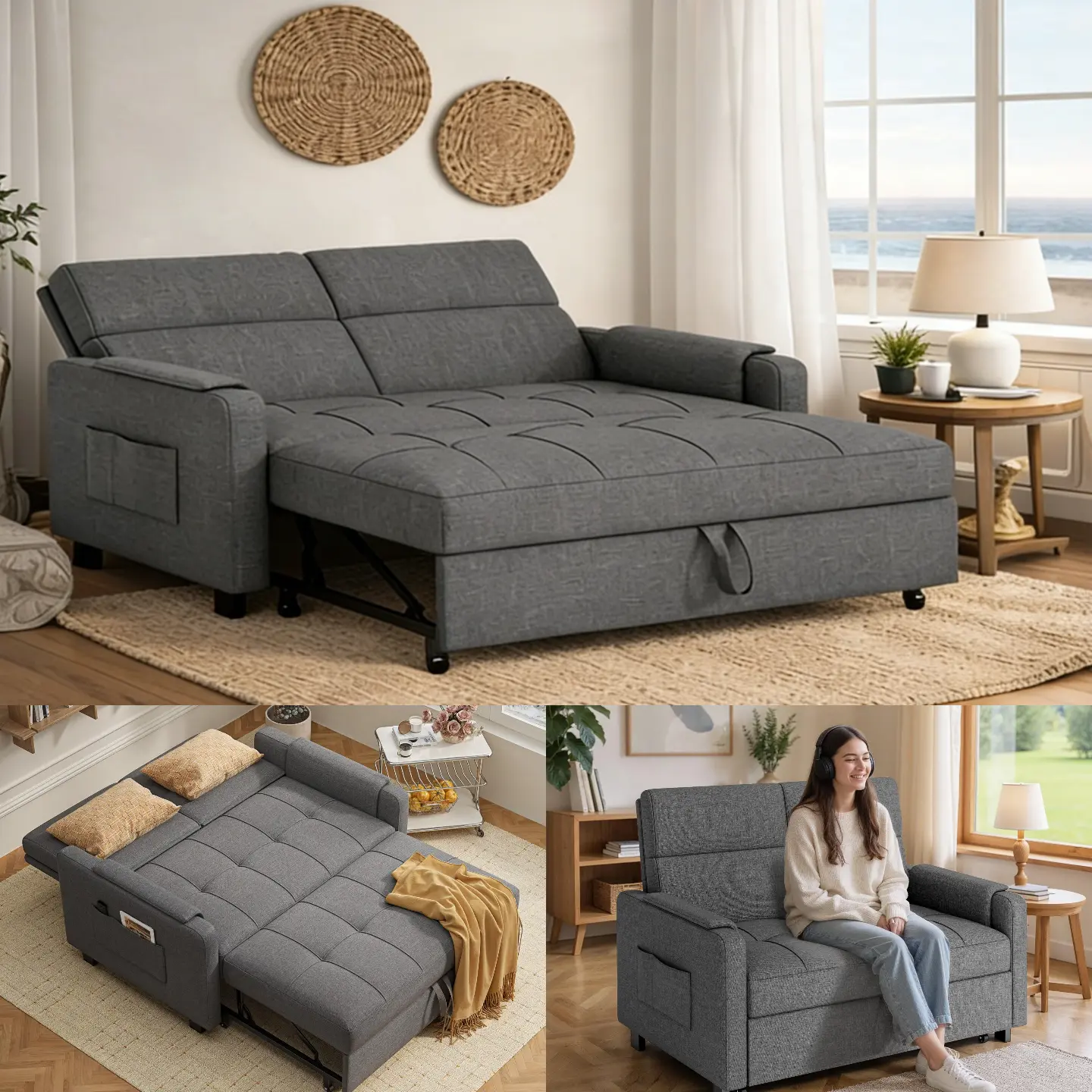 Gizoon 3-in-1 Convertible Sofa Bed - 51.2" Double Seat Loveseat Sleeper, Adjustable Upholstered Couch with Pull-Out Design, Compact Linen Futon with Side Pocket, 3-in-1 Convertible Sleeper Bedroom Furniture for Living Room/Apartment, 3-In-1 Convertible Be