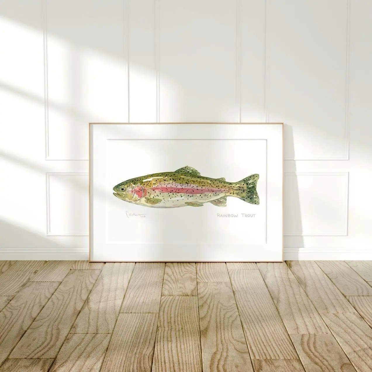 Rainbow Trout Watercolor Wall Art Lake House Fish Poster Rustic Cabin Print S