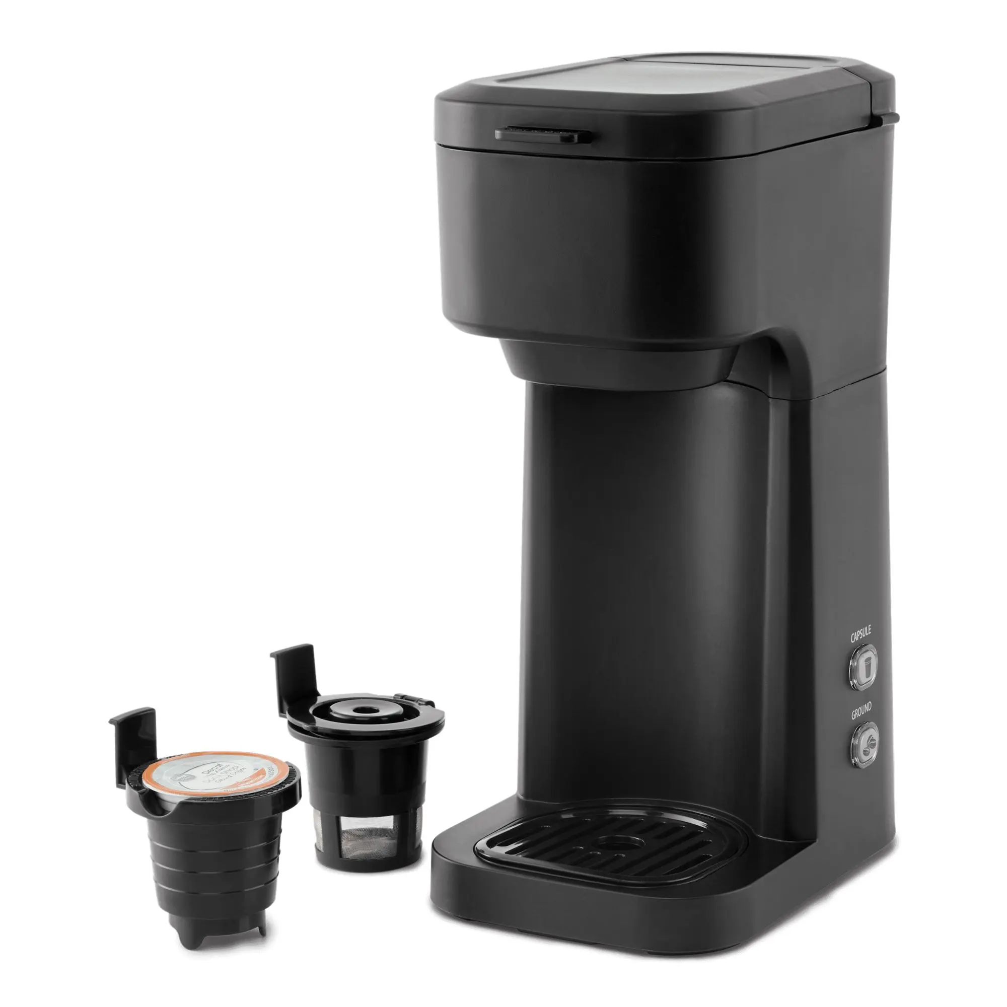 Mainstays Black Matte Dual Brew Coffee Maker, Single Serve, Auto Shutoff, 14 oz Reservoir