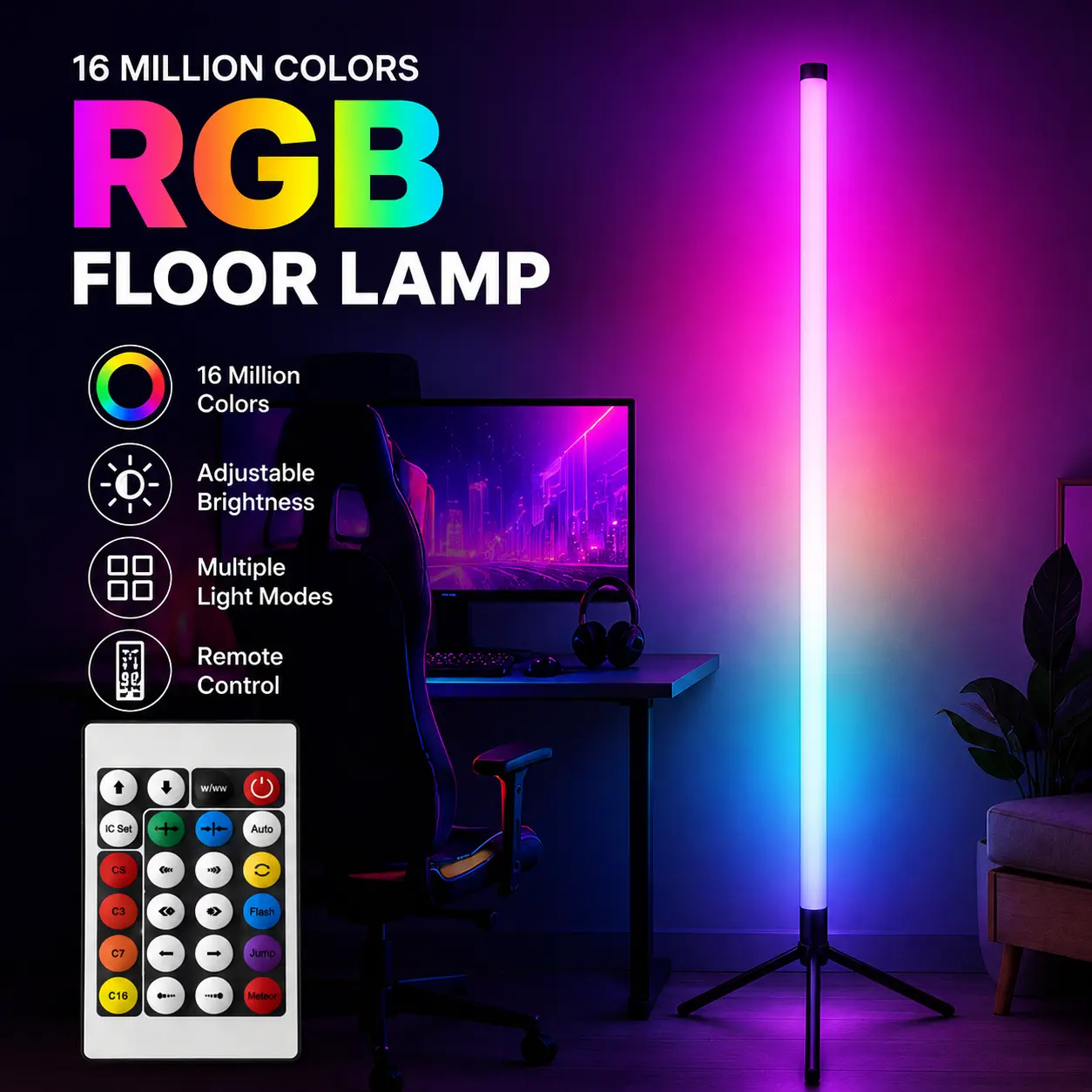 1PC/2PCS Triangle Corner Floor Lamp, RGBIC Color-Flow LED Backdrop Light with App & Remote Control, Brightness Adjustment and Timer for Gaming Desk, Bedroom & TV Area