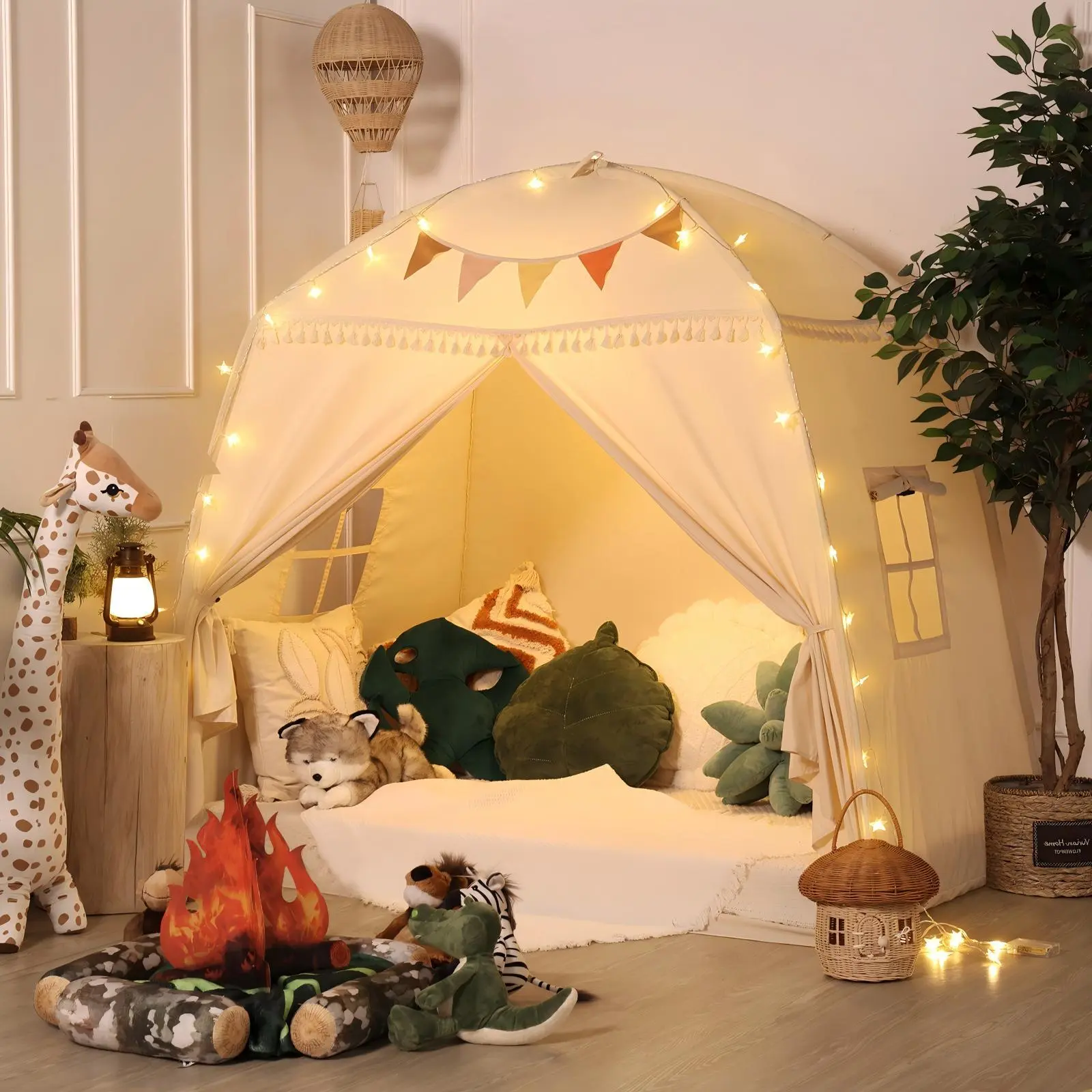 JungleDove Foldable Teepee Play House for 4–6 Years Toddlers - Unisex Dome Tent with Playhouse Design, Pretend Play Tent, Full & Twin Bed Canopy, Large Indoor Toy with Flags, Learning & Read Privacy Solution, Dome Tent Playhouse