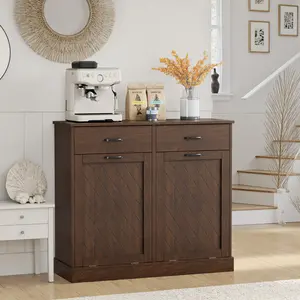 Double Tilt-Out Trash Can Cabinet, 2x15 Gallons Hidden Garbage, Hidden Kitchen Trash Cabinet with Storage Drawer, Pet-Proof Wooden Garbage & Recycling Cabinet for Kitchen, Laundry & Living Room, Brown