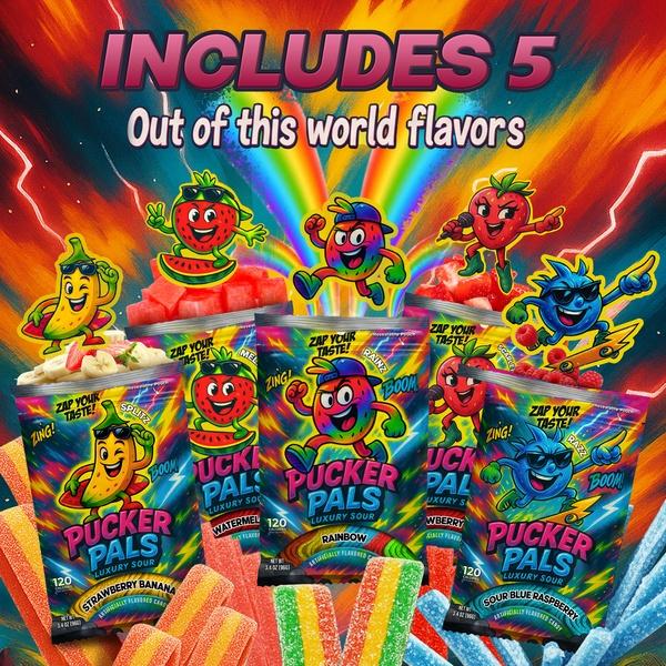 Pucker Pals Sour Candy 5 Flavor Multi-Pack – Extreme Sour & Sweet Strips, Chewy Gummies Gummy Worms Style Bold Fun Belts With A Punch for Kids Boys Girls Teens & Adults Halloween & Stocking Stuffers