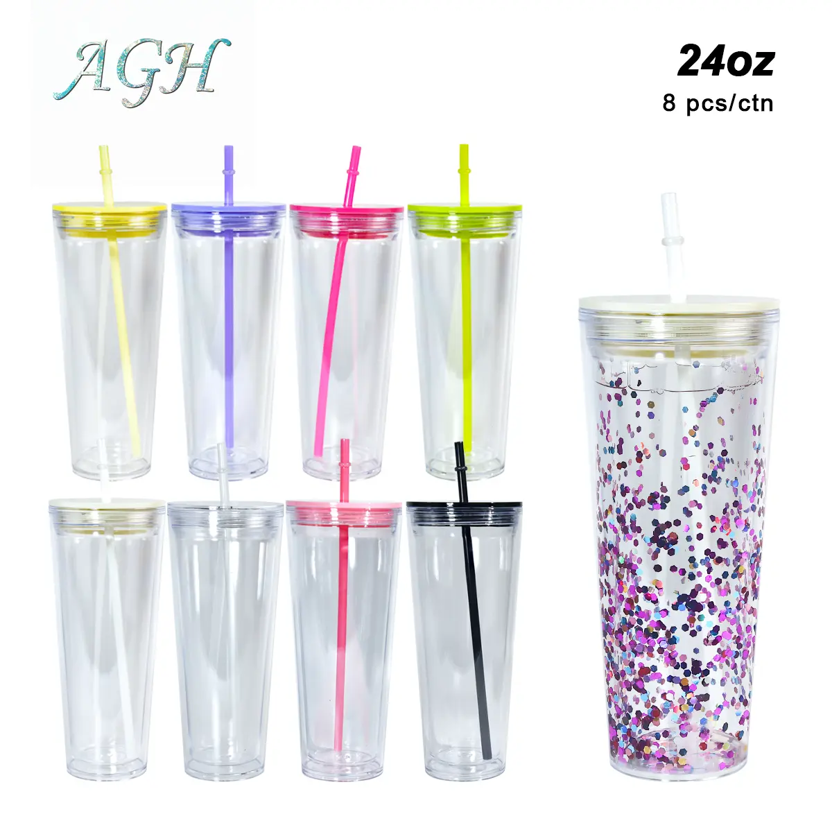 AGH 8pcs 24oz Acrylic Snow Globe Tumbler for UV Sticker/3D DIY Glitter Bling Plastic Double Wall Cups with Mixed Color Lid Drinkware Halloween Gift
