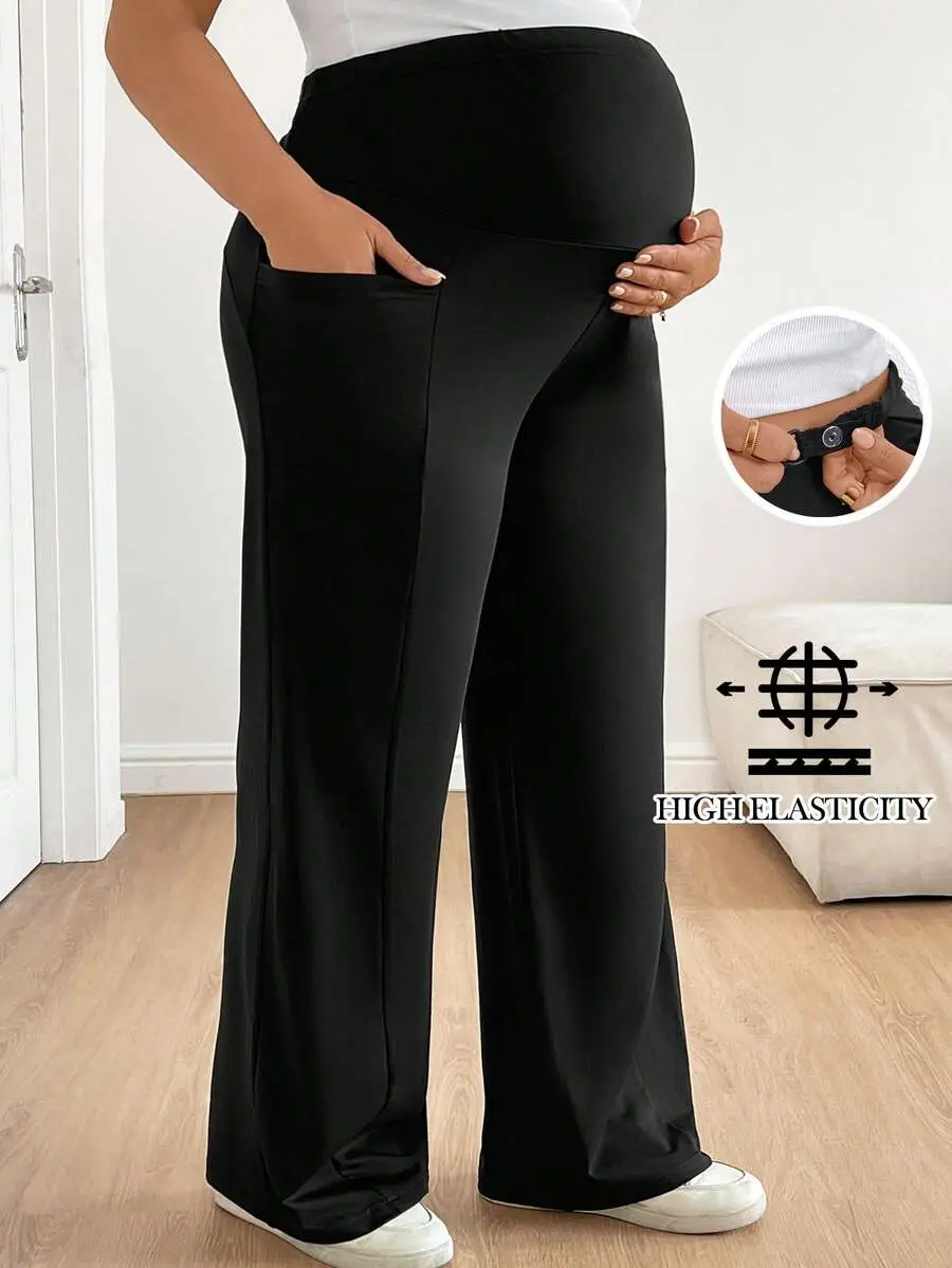 Women's Plus-Size Maternity Pants with Elastic Waistband & Pockets – Supportive Over-the-Belly Pregnancy Trousers | Comfortable Casual Summer Maternity Wear & Breathable Lightweight Outfits for Pregnant Women