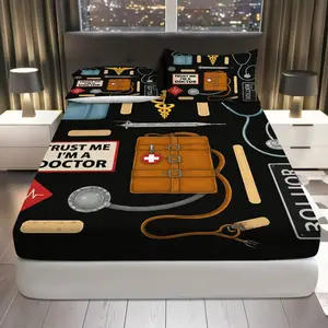 3Pcs Retro Medical Doctor Fitted Sheet Three Piece Set (1*Fitted Sheet+2*Pillowcases, Coreless), Medical theme, Doctor Nurse Bedding Set, Mattress protector Soft Breathable, Decorative Bedsheet Sets