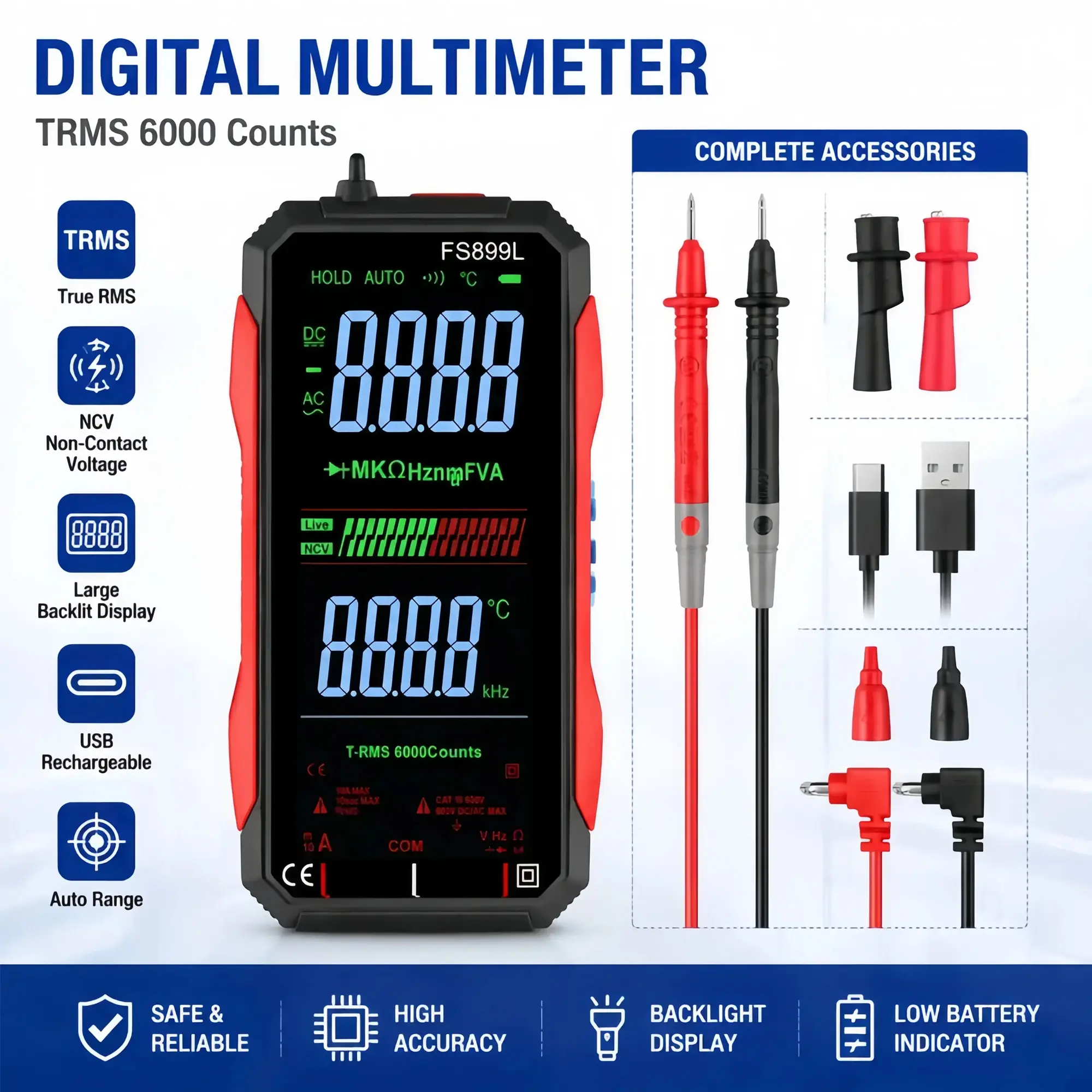 TKDMR 6000-Count Digital Multimeter, 4.8-inch Color Display, Smart Multifunction Tester, USB Charging, Professional-Grade Electrical Measurement Tool