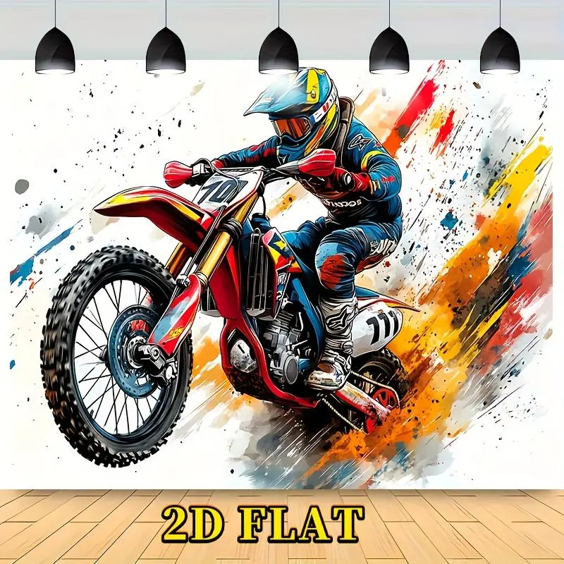 1pc Vibrant Motocross Rider Decorative Flat Banner - 2D Polyester Sports Print, Dirt Bike Action Scene, No Power Required, Versatile Decor for Motocross Fans' Holiday Parties, Birthdays, Dynamic White Design, Party