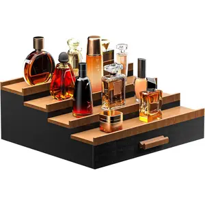 Cologne Organizer for Men 4 Tier of Elevated Cologne Display Shelf with Drawer Perfume Organization and Display Risers,Great Gift for Man(4Tier-BlackWalnut)