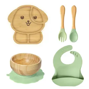 Adorer.care 5 Pieces Bamboo Plates and Bowls Set, Includes 2 Covered Spoons and a Soft Silicone Tipped Fork, BPA-Free and Easy to Clean