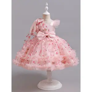 2024 New Girls' Princess Birthday Party Dress - Sleeveless Single Shoulder Ruffled Tulle Skirt with Floral Appliqué & Bow Detail, Knee-Length Machine-Washable Formal Wear for Special Occasions, Youngsters Event Attire |       Bow Adorned Gown |       Slee