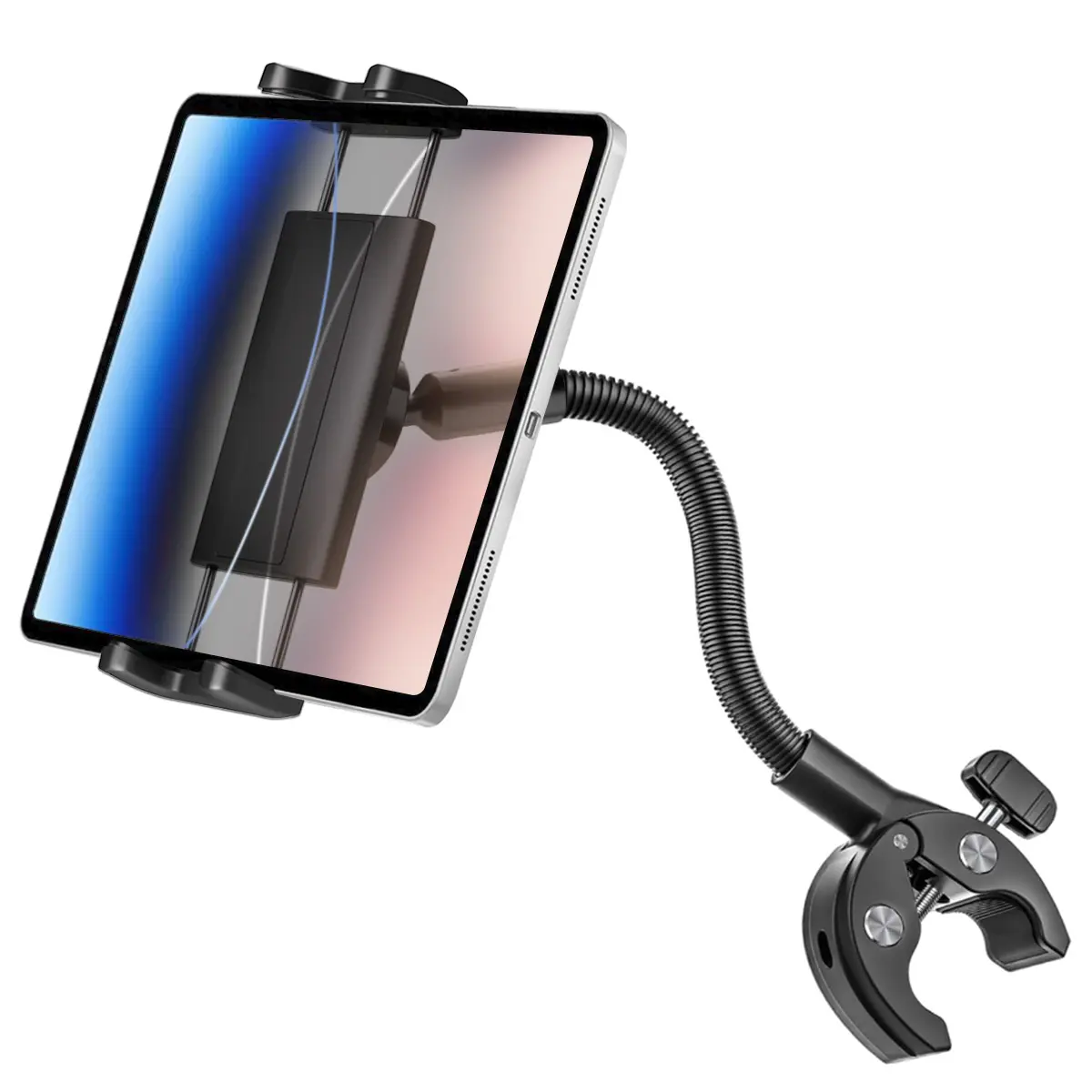 Gooseneck Tablet Holder for Wheelchair/Stroller/Golf Cart/Boat/Mic stand/Indoor Cycling Bike/Gym Bicycle Handlebar Clamp, Compatible with 4.7-13" iPad Pro/Air/Mini, iPhone, Galaxy, Fire HD, E-book