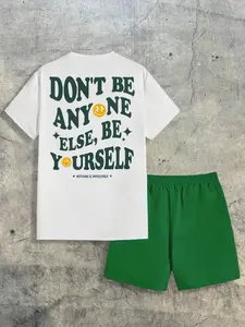 Men's Plus Size Slogan Print Graphics T-Shirt and Shorts Set, Menswear, Summer Casual Street Style, Comfortable and Stylish, Outfit, Tees
