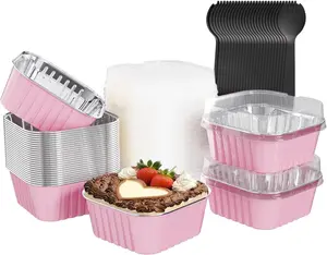 25 Pack Square Mini Cake Pans with Lids,Mini Loaf Pans with Lids,Aluminum Foil Baking Cups,Disposable Ramekins Cupcake Cups,Dessert Cups for Wedding Birthday Party Picnics,5Oz (Pink) Ksmxos