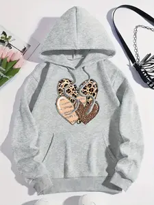 Women's Letter & Heart Print Drop Shoulder Hoodie, Fashion Casual Drawstring Pocket Hooded Sweatshirt for Daily Holiday Outdoor Wear, Women Clothing for Fall & Winter