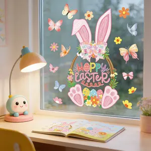 1 Set Easter Colorful Bunny Egg Butterfly Window Wall Static Cling Sticker Reusable Spring Holiday Decoration PVC Set for Home Window Glass Door Classroom Party, No Tape Required, Leaves No Residue