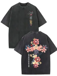 1 PCS Religious "Jesus Is The Light" Floral Cross Graphic Tee: Featuring Distressed Vintage Finish, Front Elegant "Jesus Is The Light" Letter Print With Heart Accents, Back Artistic Floral Cross Illustration, I