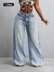 Women's Plus Size Retro Denim Jeans, Colorblock Design, Loose Fit, Casual Fashion, Party Wear, All Seasons Women's Large Jeans Short