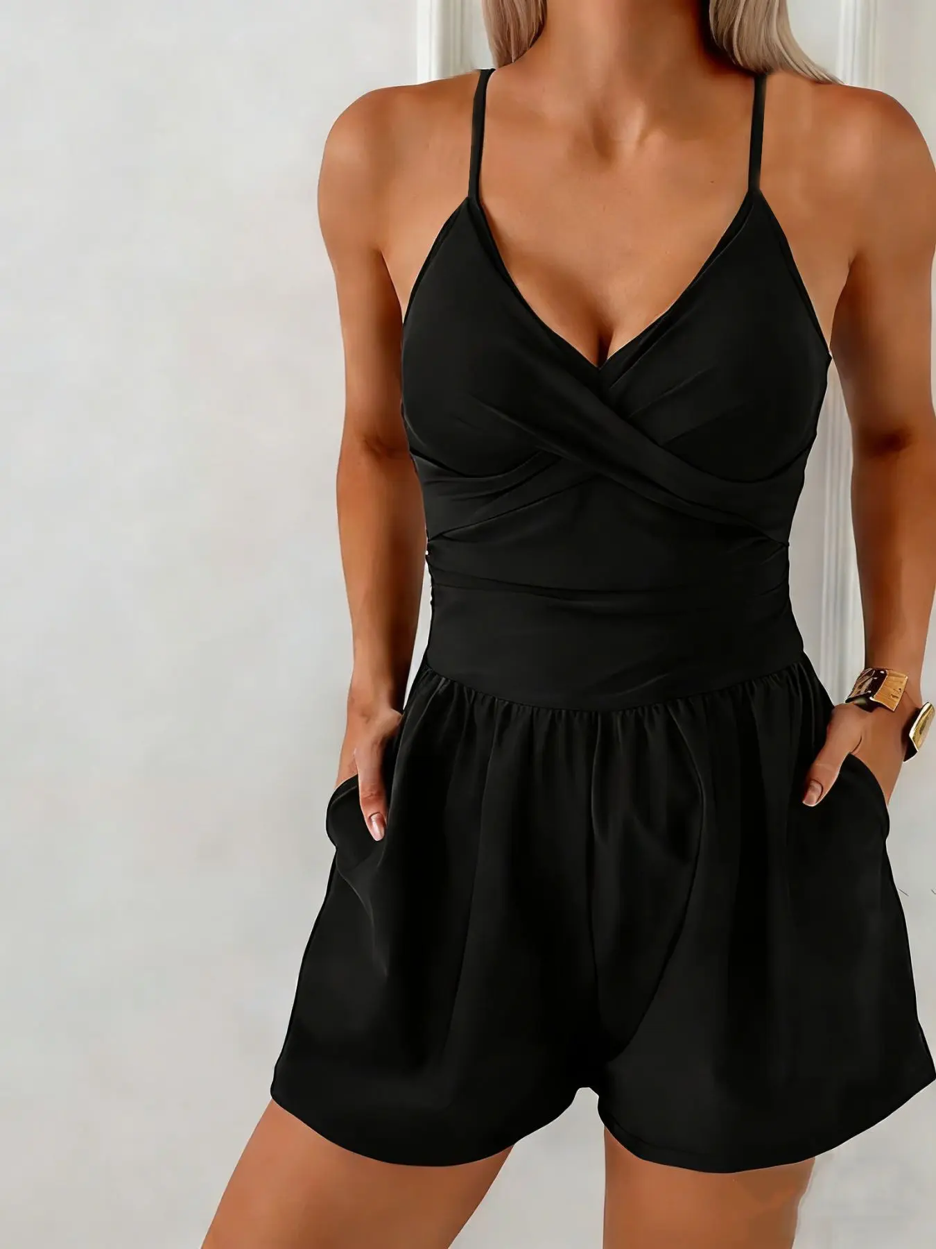 Women's Sleeveless Cross Front One-Piece Shorts, Practical Pocket Design, Casual Style Everyday for Breakfast Lunch Beach Daily Wear