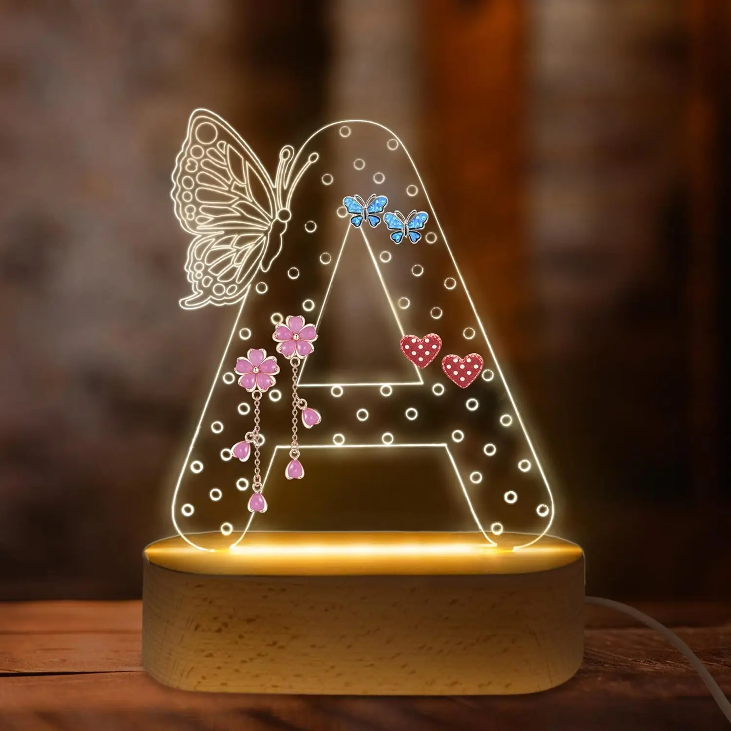 Earring Holder Organizer Storage Initial  12 13 14 15 16 17 18 Year Old Girl Gifts Trendy Stuff 16th 18th Birthday Christmas  Ideas, LED Nightlight Butterfly Decorations Letter A