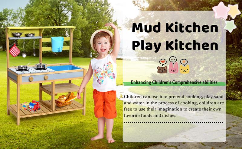 GARVEE Wooden Play Kitchen for Toddlers and Outdoor Use with Stove Top, Rotatable Knob, Water Box, Faucet, and Removable Sink - Pretend Play Toy for Boys and Girls