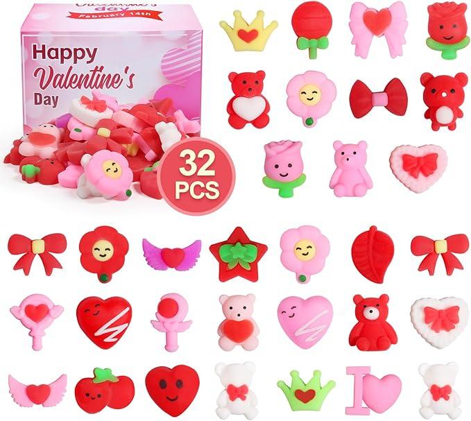 Valentine’s Day Mochi Squishy Toys 32 Pack – Random Kawaii Mini Squishies, Slow Rising Stress Relief Fidget Toys for Kids, Party Favors, Goodie Bags & Classroom Prizes