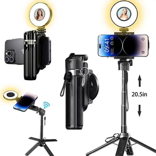 USfoture 6-in-1 Magnetic Compact 20.5in Selfie Stick with LED Light, Rechargeable Remote Control - Converts to Mini Tripod, Cellphone Camera Grip, Handheld Stabilizer, Mobile Phone Stand for iPhone, Accessories, Tripod Selfie, 360° Angle Control