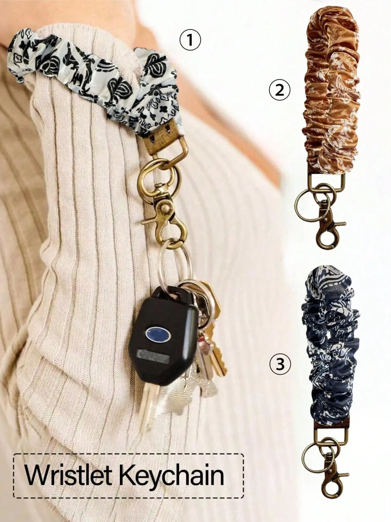 Women's Wristlet Keychain, Hair Tie Bracelet Key Ring with Clip, Elastic Wristband, Car Key Chain, Plaid Daisy Stripe Design