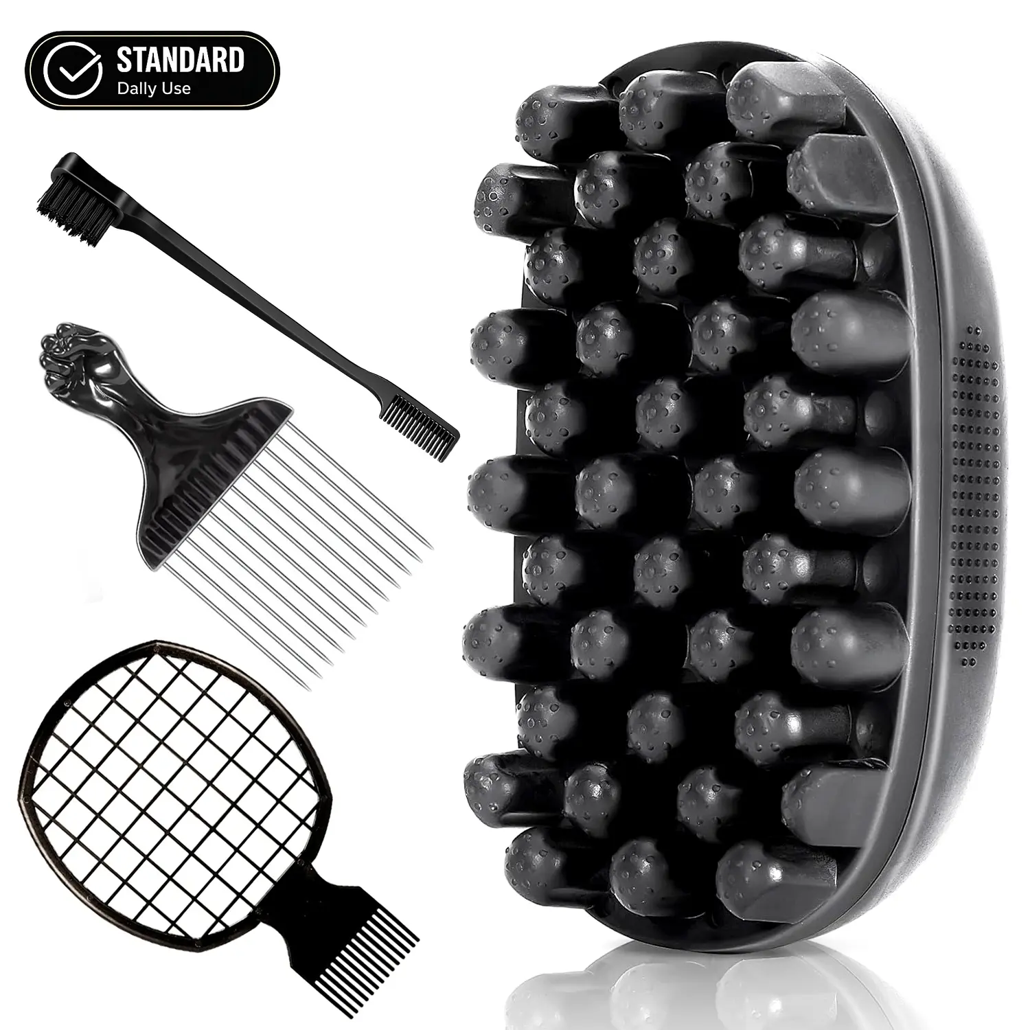 4Pcs Freeform Twists Kit, Premium Silicone Brush for Black Hair with Metal Fist Pick, Raquet Comb & Dual-Sided Hair Edge Brush, Professional Men's Afro Styling Tools