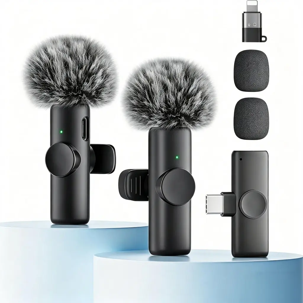 2-Pack Handheld Wireless Lapel Lavalier Microphones with Noise Reduction - Stereo Audio, Lightning-Compatible for iPhone, iPad, Smartphones, Plug-and-Play Mini Mics for Video Recording, Podcasts, Father's Day Gift, Birthday, Wedding
