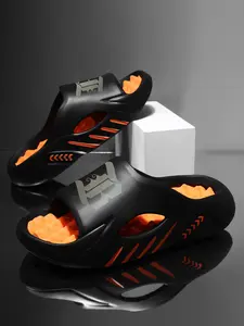 EVA Upper Comfortable Black & Orange Slides with Unique Wave Design for Everyday Wear Women Shoe Footwear Walking Shoes Flipflop Slipper eva one-piece molding