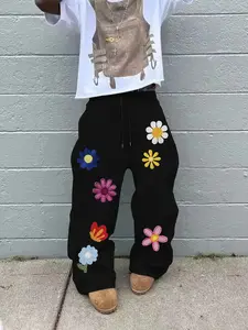 Y2K Aesthetic Baggy Casual Adjustable Shorts Bottoms for Men & Women with Cute Cartoon Floral Flower & Bear Embroidery - Oversized Loose Fit Wide Leg Short Pants for Summer Streetwear - Trendy Japanese Harajuku Style High-Street Apparel