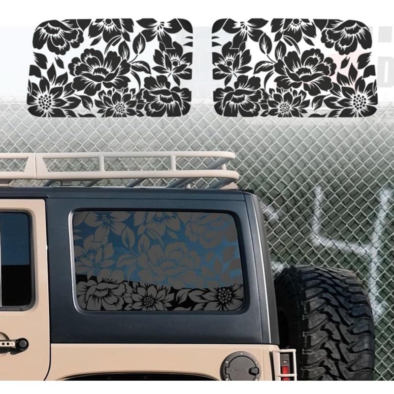 Floral Flower Print Rear Window Decals for 2018-2023 Jeep Wrangler 4 Door JLU Matte Black Vinyl Stickers Fits 2018 2019 2020 2021 2022 Models